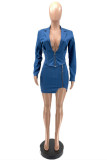 Blue Fashion Sexy Solid Split Joint Cardigan Turndown Collar Long Sleeve Two Pieces
