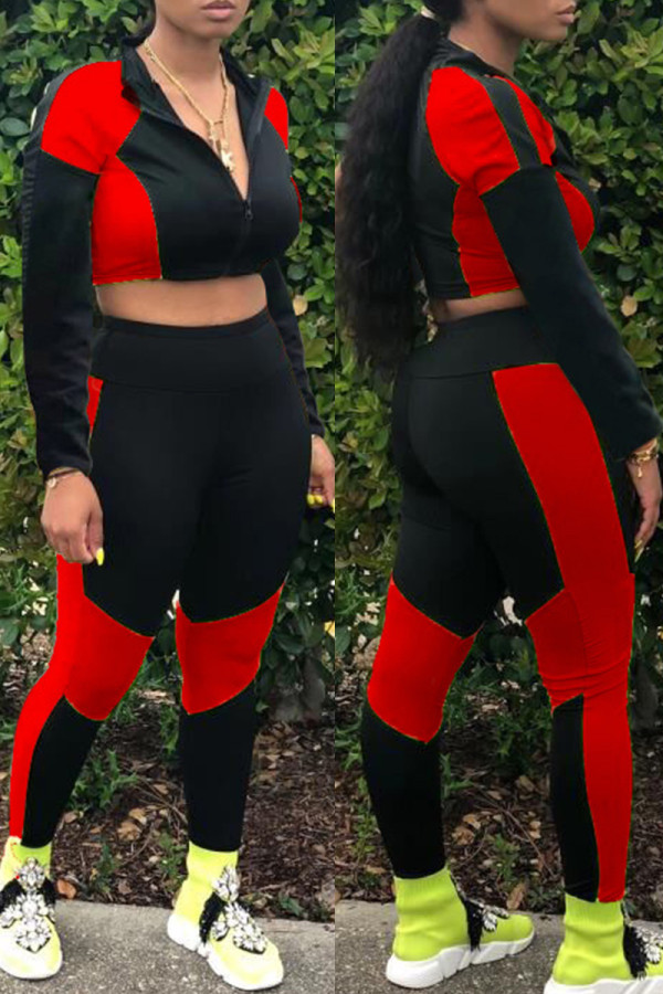 Red Casual Sportswear Patchwork Basic Zipper Collar Long Sleeve Two Pieces