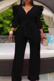 Rose Red Casual Solid Patchwork With Belt V Neck Straight Jumpsuits(Contain The Belt)