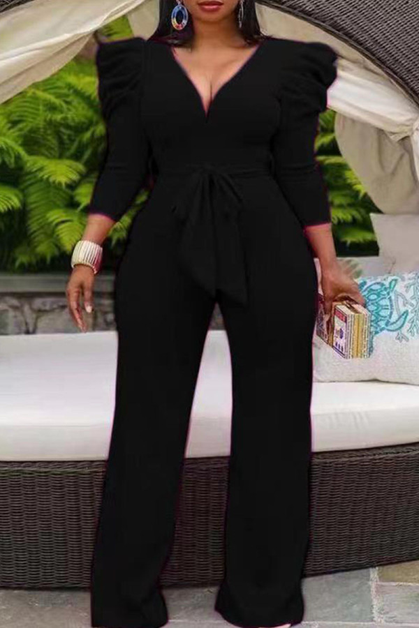 Black Casual Solid Patchwork With Belt V Neck Straight Jumpsuits(Contain The Belt)
