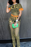 Yellow Sexy Print Patchwork See-through O Neck Short Sleeve Two Pieces