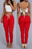 Red Fashion Casual Solid Basic Regular Mid Waist Trousers