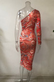 Red Fashion Sexy Print Basic Oblique Collar Long Sleeve Dresses