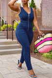 Blue Fashion Casual Solid Zipper V Neck Regular Jumpsuits
