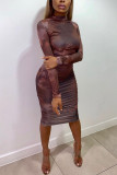 Brown Casual Print O Neck Wrapped Skirt Dresses