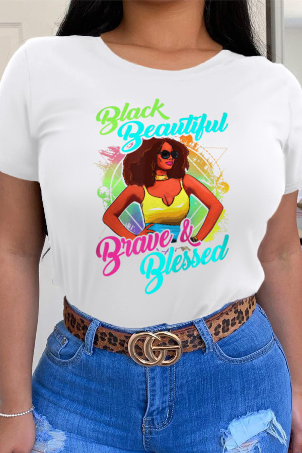White Casual Street Print Patchwork O Neck T-Shirts