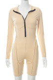 Khaki Casual Solid Patchwork Zipper Collar Skinny Rompers