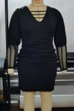 Black Sexy Solid Patchwork Mesh V Neck Dresses