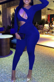 Blue Sexy Solid Hollowed Out Patchwork Asymmetrical Collar Skinny Jumpsuits