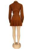 Rust Red Fashion Casual Solid Patchwork Turndown Collar Long Sleeve Two Pieces