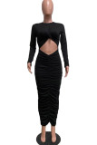 Black Fashion Casual Solid Hollowed Out Fold O Neck Long Sleeve Dresses