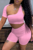 Pink Sexy Solid Hollowed Out Asymmetrical Collar Short Sleeve Two Pieces