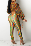 Yellow Sexy Striped Patchwork Half A Turtleneck Long Sleeve Two Pieces