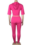 Rose Red Casual Solid Patchwork Asymmetrical Hooded Collar Half Sleeve Two Pieces