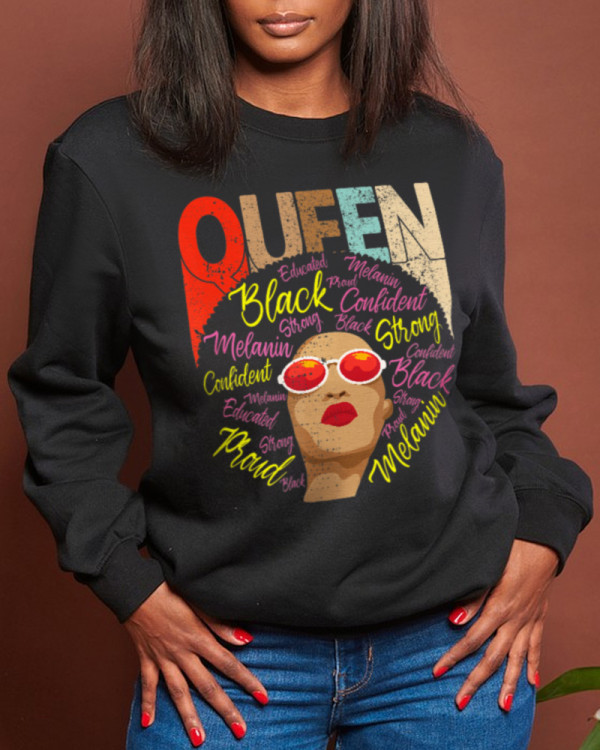 Black Street Daily Print Patchwork Letter O Neck Tops