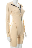 Khaki Casual Solid Patchwork Zipper Collar Skinny Rompers