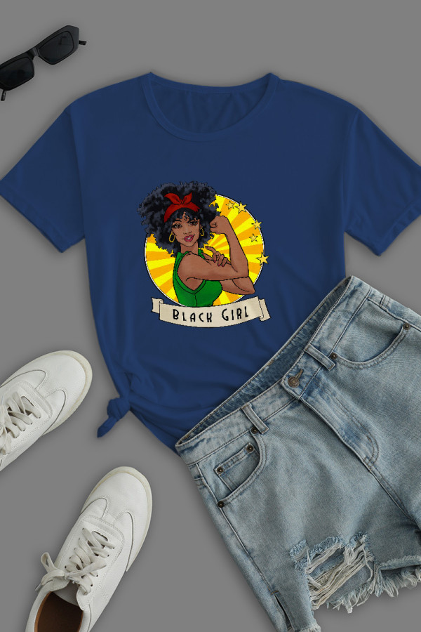 Navy Blue Work Street Print Patchwork O Neck T-Shirts
