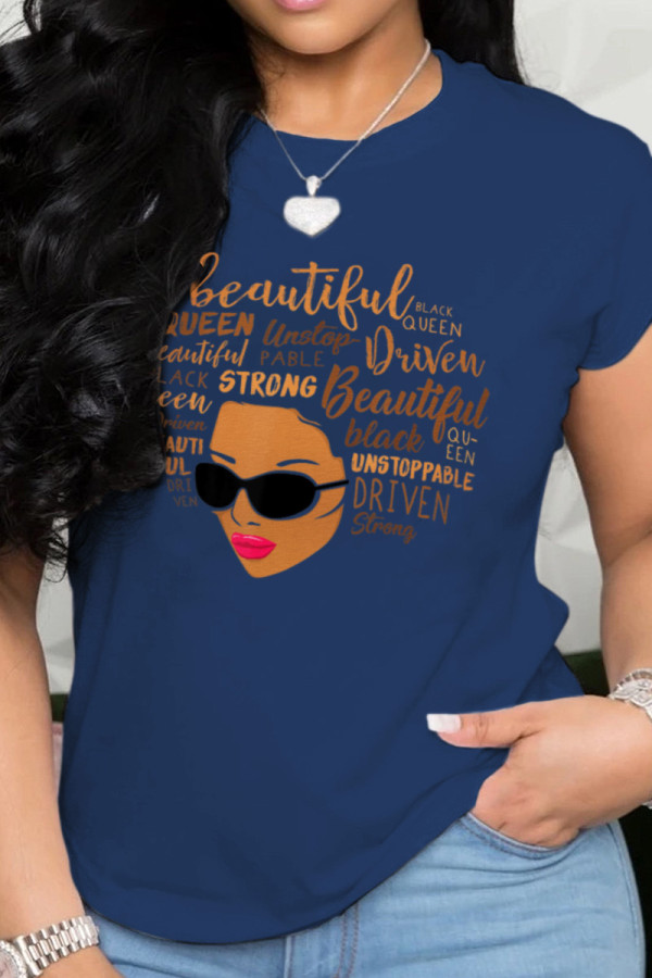Navy Blue Fashion Casual Patchwork Letter O Neck T-Shirts