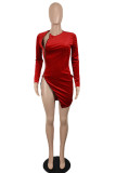 Red Sexy Solid Patchwork Zipper Zipper Collar One Step Skirt Dresses