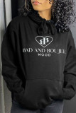 Black Casual Print Patchwork Hooded Collar Tops