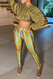 Yellow Sexy Striped Patchwork Half A Turtleneck Long Sleeve Two Pieces