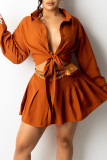 Rust Red Fashion Casual Solid Patchwork Turndown Collar Long Sleeve Two Pieces