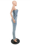Light Blue Fashion Casual Solid Patchwork Oblique Collar Regular Jumpsuits