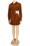 Rust Red Fashion Casual Solid Patchwork Turndown Collar Long Sleeve Two Pieces