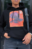 Black Casual Print Patchwork Hooded Collar Tops