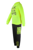 Fluorescent Green Fashion Casual Letter Print Basic Hooded Collar Long Sleeve Two Pieces
