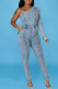 Light Blue Fashion Casual Solid Patchwork Oblique Collar Regular Jumpsuits