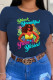 Navy Blue Casual Street Print Patchwork O Neck T-Shirts