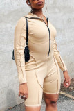 Khaki Casual Solid Patchwork Zipper Collar Skinny Rompers