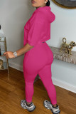 Rose Red Casual Solid Patchwork Asymmetrical Hooded Collar Half Sleeve Two Pieces