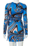 Blue Fashion Sexy Print Bandage Draw String O Neck Long Sleeve Two Pieces