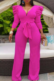Rose Red Casual Solid Patchwork With Belt V Neck Straight Jumpsuits(Contain The Belt)