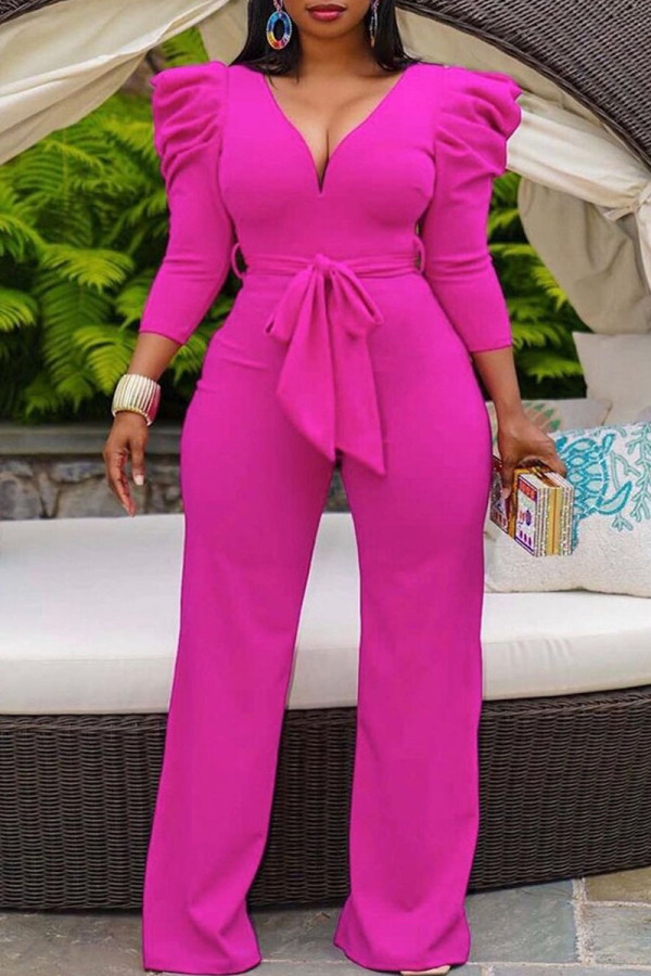Rose Red Casual Solid Patchwork With Belt V Neck Straight Jumpsuits(Contain The Belt)