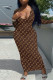 Brown Casual Print Patchwork U Neck One Step Skirt Dresses