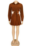 Rust Red Fashion Casual Solid Patchwork Turndown Collar Long Sleeve Two Pieces