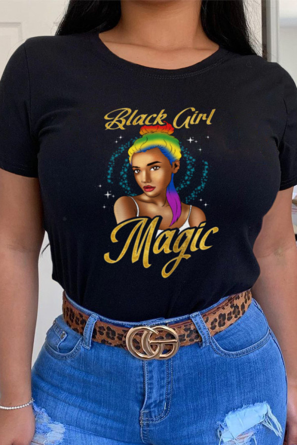 Black Street Daily Character Patchwork O Neck T-Shirts