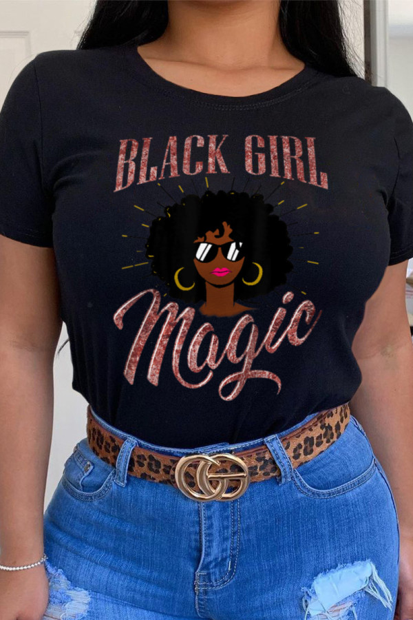Black Fashion Casual Print Patchwork O Neck T-Shirts