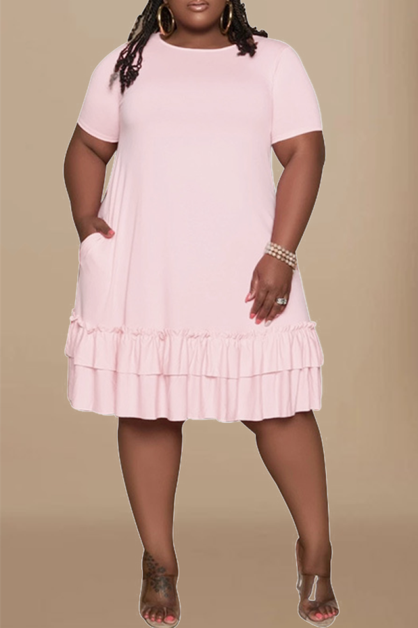 Pink Casual Solid Flounce O Neck Cake Skirt Plus Size Dresses