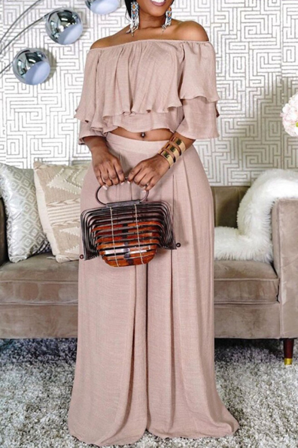 Khaki Fashion Casual Solid Patchwork Off the Shoulder Two Pieces