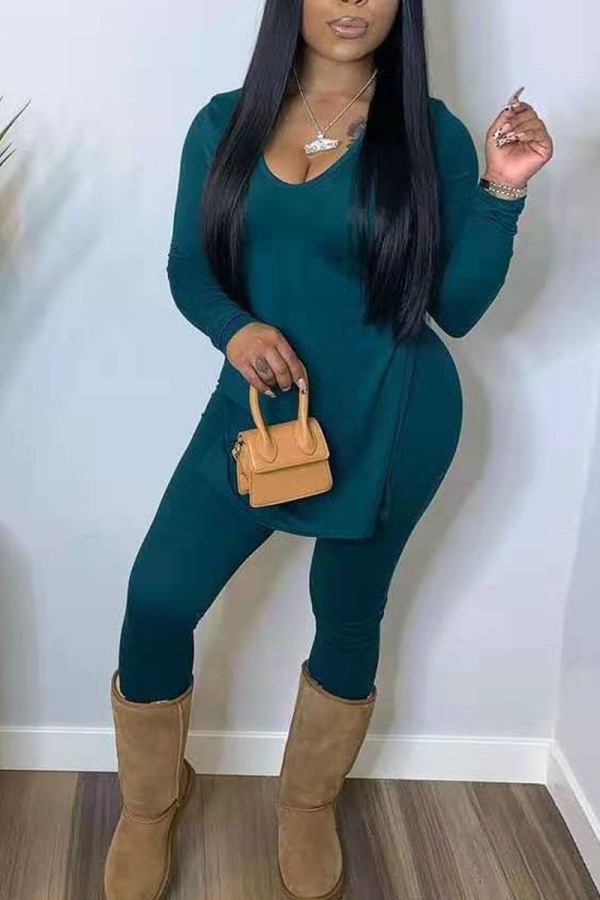 Peacock Blue Casual Solid Patchwork Slit O Neck Long Sleeve Two Pieces