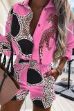 Multicolor Casual Print Make Old Buckle Turndown Collar Half Sleeve Two Pieces