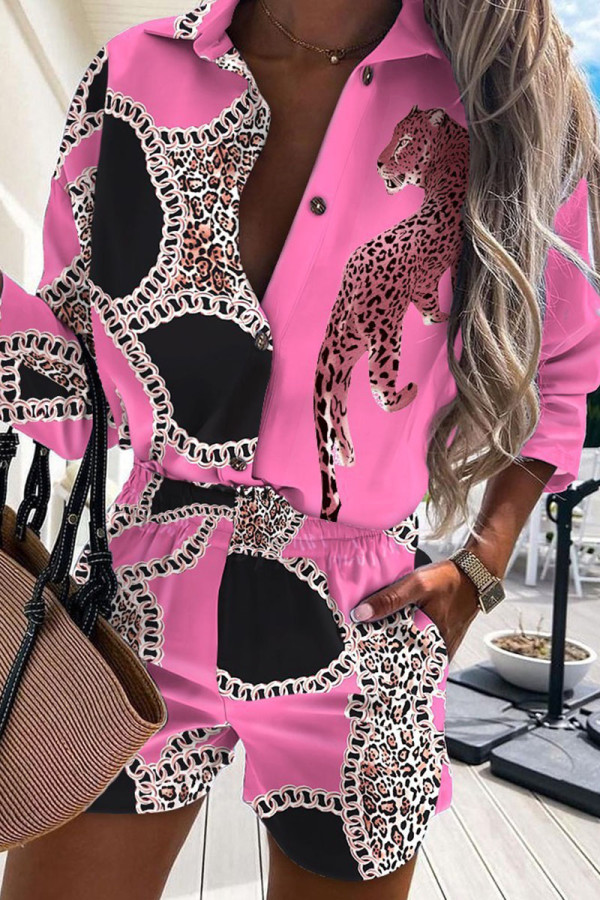 Pink Casual Print Make Old Buckle Turndown Collar Half Sleeve Two Pieces