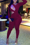 Blue Sexy Solid Hollowed Out Patchwork Asymmetrical Collar Skinny Jumpsuits