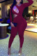 Burgundy Sexy Solid Hollowed Out Patchwork Asymmetrical Collar Skinny Jumpsuits