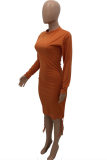 Orange Fashion Casual Solid Bandage Draw String O Neck Long Sleeve Dresses