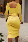 Yellow Fashion Sexy Solid Split Joint Slit Square Collar Long Sleeve Two Pieces